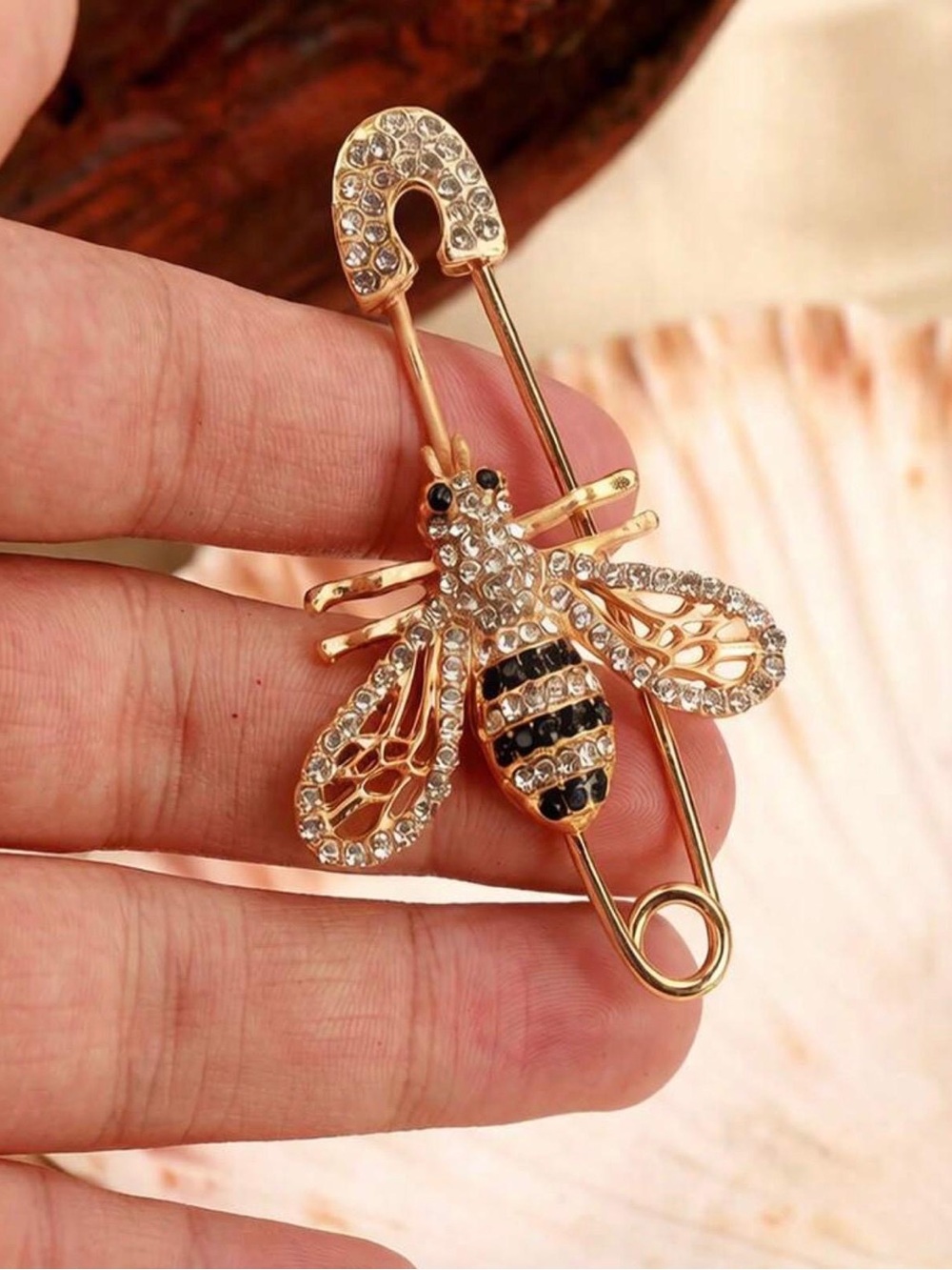 Gold Bee Safety-Pin Brooch with Clear and Black Crystals